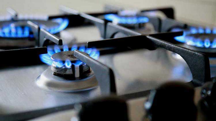 Gas stove burner with blue flames.
