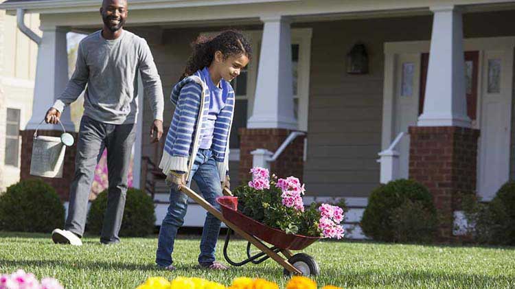 Dad smiling at his young daughter pushing flowers to plant in a wheelbarrow.