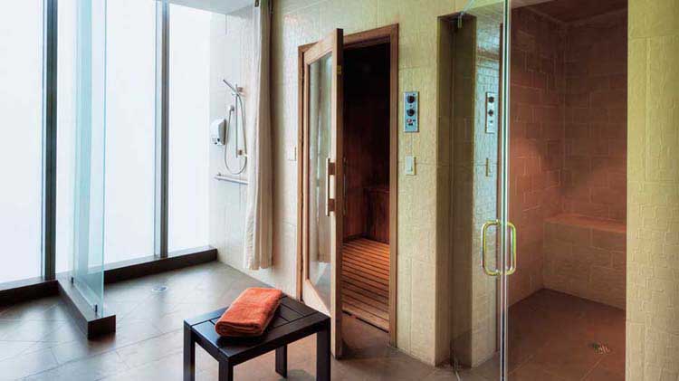 A sauna and steam bath rooms.