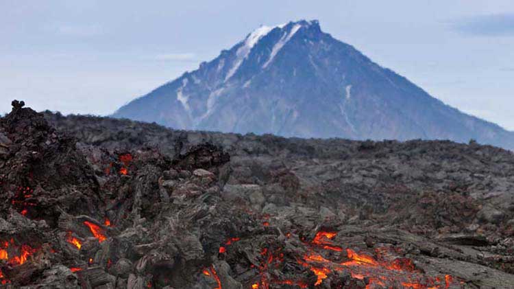 A recently erupted volcano and lava.