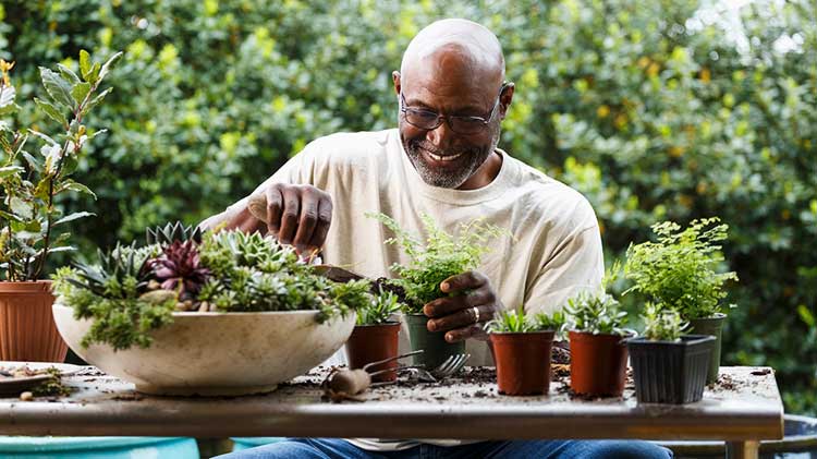 A gentleman doing gardening and enjoying his retirement.