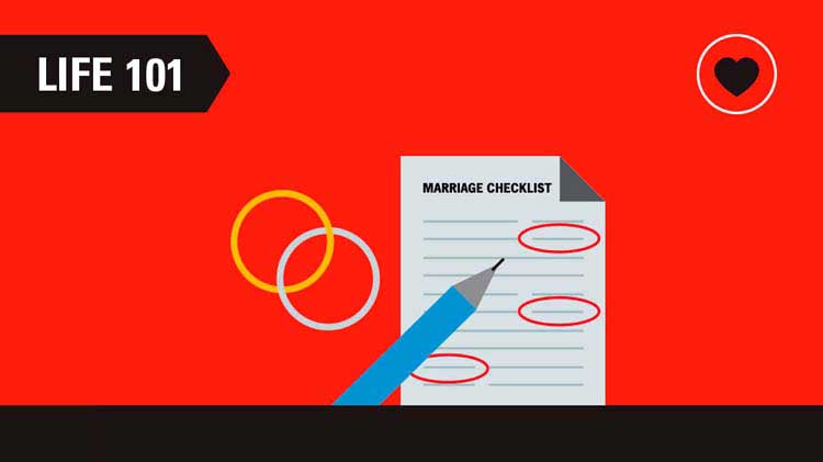 Infographic that includes a before and after marriage checklist about insurance, financial tips and other related topics.