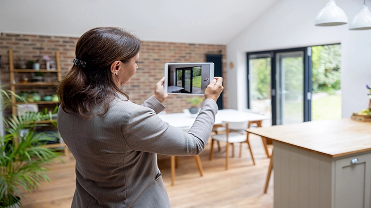 Woman uses a tablet to photograph a home’s interior during an insurance inspection.