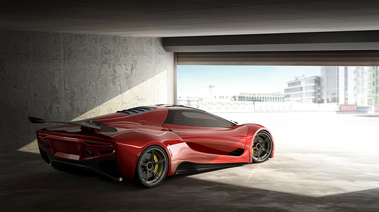 A red sports car parked inside a garage.