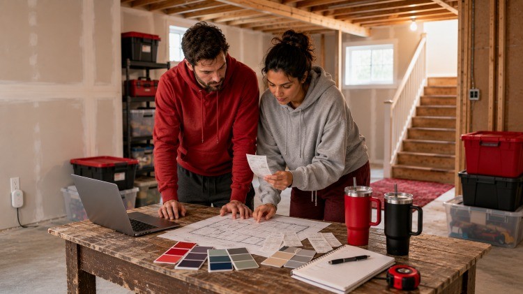 Couple reviewing basement renovation plans in an unfinished room.