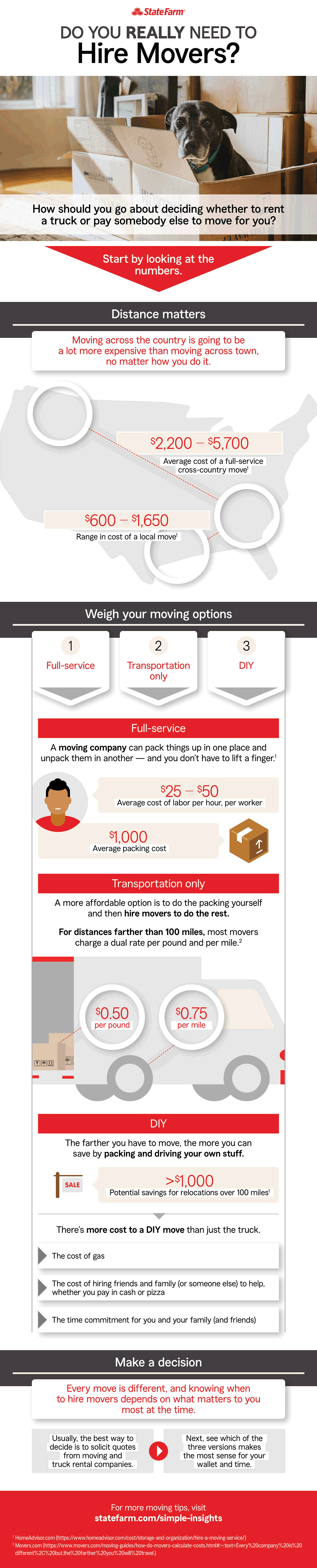 Infographic with points to think of when deciding to move yourself or hire movers.