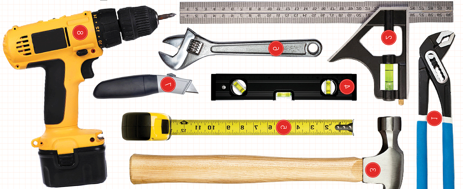 Various tools shows, such as power screwdriver, hammer, tape measure, and pliers.