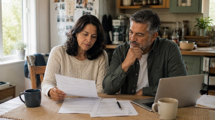 Near-retirement couple reviews pension paperwork with a laptop at their kitchen table.