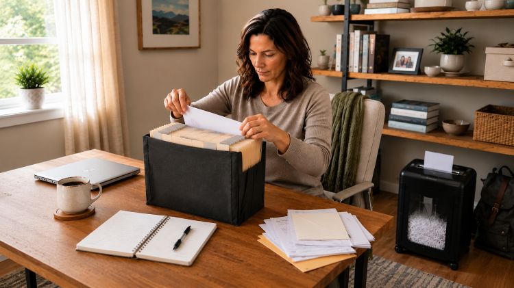 Woman organizing files deciding how long to keep documents before shredding.