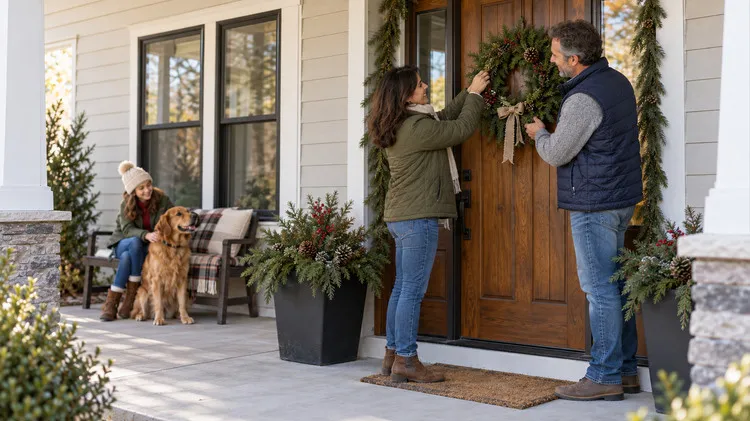 Two adults safely use a step ladder while decorating their home with holiday garland.