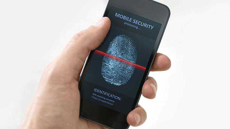 Person holding a smart phone with a finger scan display to help with mobile phone security. 