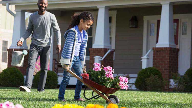 Father and daughter hauling flowers in a wheelbarrow.