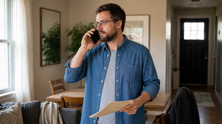 Man reviews 401(k) documents while talking on the phone at home.