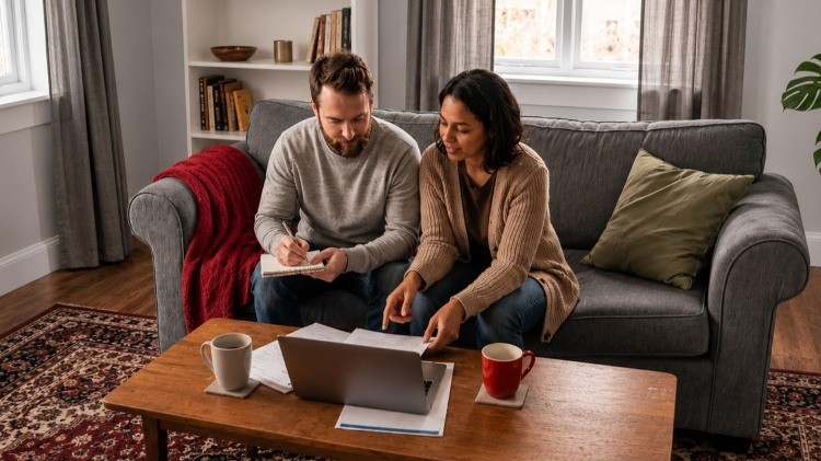 Couple sitting on a couch using a laptop computer to compare health insurance plans.