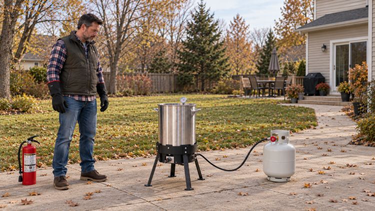 Man monitoring an outdoor turkey fryer with a fire extinguisher nearby.