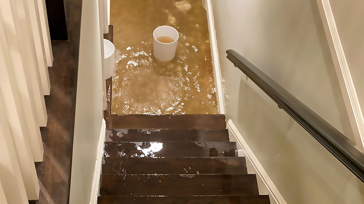 Looking down the staircase at a flooded basement and a water-filled bucket at the bottom of the stairs.