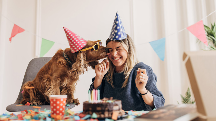 Woman celebrating her dog's Gotcha Day with her furry friend at home.