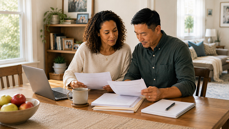 Couple reviewing will and estate planning documents together at a dining table.