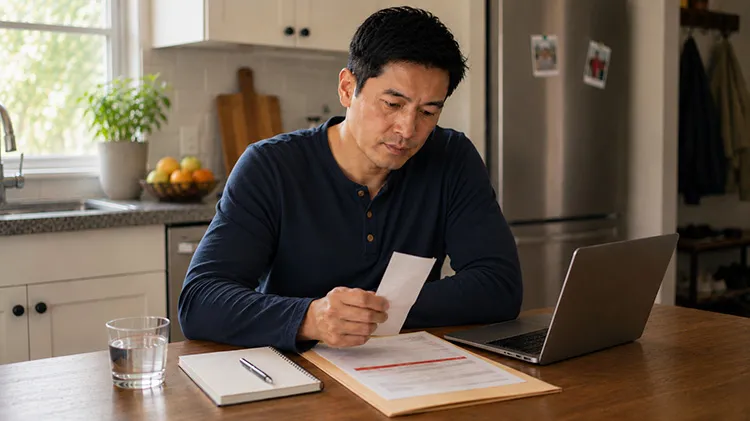 Homeowner reviews insurance paperwork and a receipt at a kitchen table with a laptop, notebook and glass of water nearby.