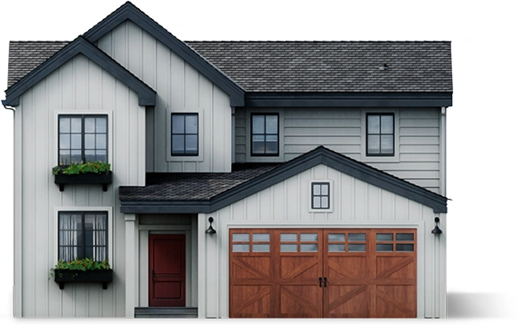 A modern, white, two-story farmhouse with black trim, window boxes with green plants, and a redwood door and craftsman-style garage door.