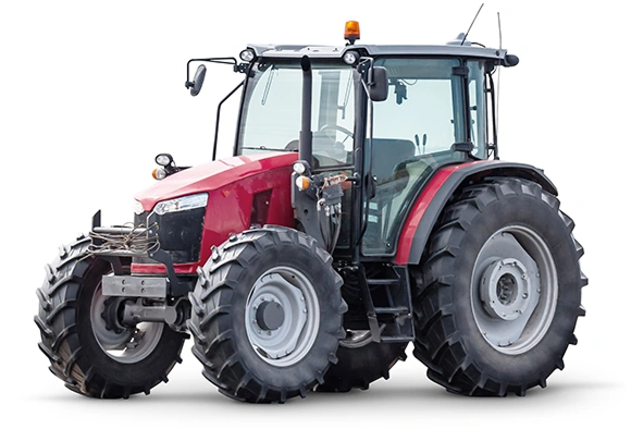 A red tractor with smaller black tires in front and larger, black tires; it features clear front-and-black windshields and side doors.