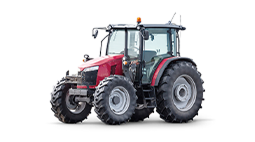 A red tractor, with two large, black wheels in the back and two smaller, black on the front.