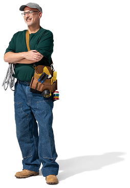Handyman electrician posing with tools and supplies