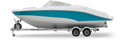 Profile of a white boat with a teal stripe along the side.