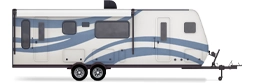 Profile of a white trailer with a pair of blue-striped waves along the side.