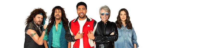 Jake from State Farm stands in the center, flanked by two Halfway There Insurance agents dressed as '80s rockers on the left, and musician Jon Bon Jovi and performer Hailee Steinfeld on the right.