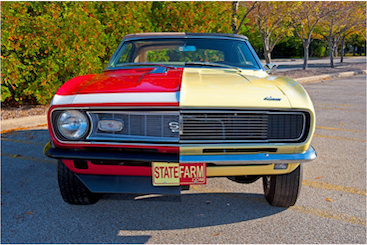 Front view of State Farm’s Split Camaro.