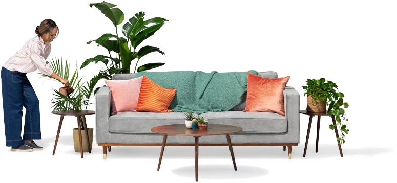 A woman waters her fern next to a grey sofa.