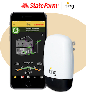 Logos of State Farm and Ting. Iphone with screen shot of the Ting app sits next to the Ting device.