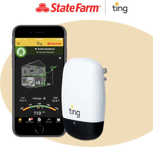 Logos de State Farm y Ting. Un iPhone mostrando una captura de pantalla de la aplicación de Ting, colocado junto al dispositivo de Ting.