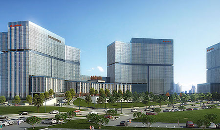 Artist rendering is of three, high-rise State Farm buildings situated on a green concourse in Atlanta, GA.
