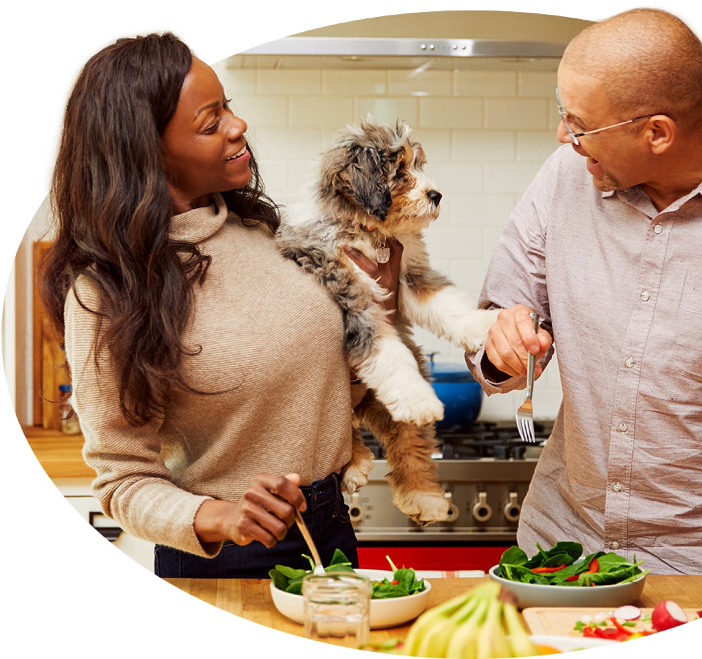 A woman holds an Aussie Doodle up as her mate asks the pup what’s for dinner.