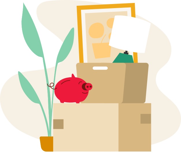 Cartoon depiction of a red piggy bank happily keeping an eye on a moving box marked as important stuff.