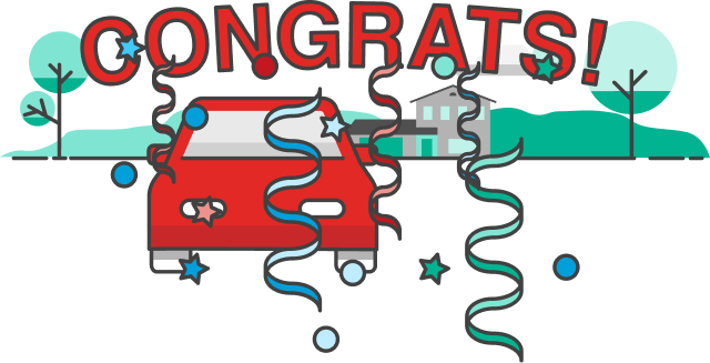 Pictogram of a red car with congrats in the sky and confetti streamers raining down.