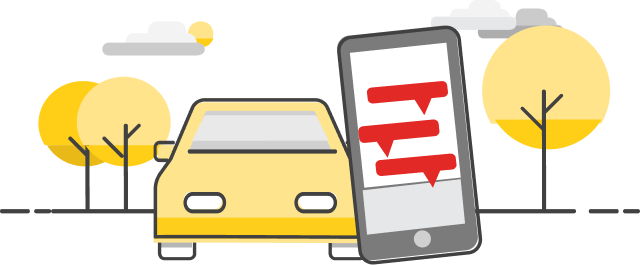 Pictogram of a yellow car on the road with a distractive active chat window open.