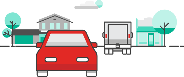 Pictogram of a red car on a two-lane road.