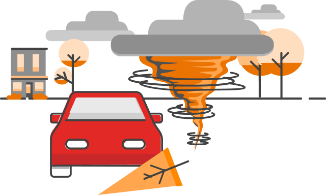 Pictogram of a red car on the road with a twister approaching.