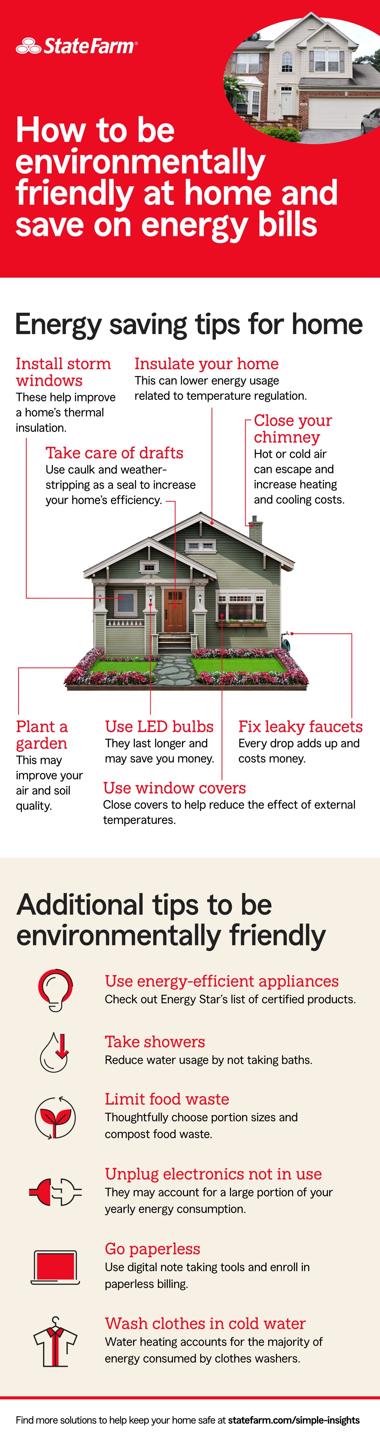 Infographic with ideas to be environmentally friendly and save on energy bills