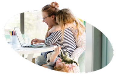 With a child draped across her lap and another hugging her neck, a young mother uses her laptop to check her model portfolio